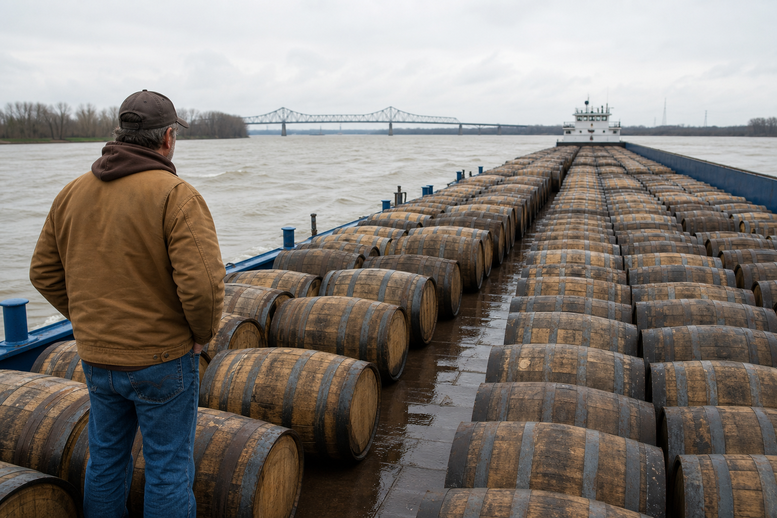 Editorial illustration for "Bourbon Producers Should Be Allowed to Age Whiskey on Barges"