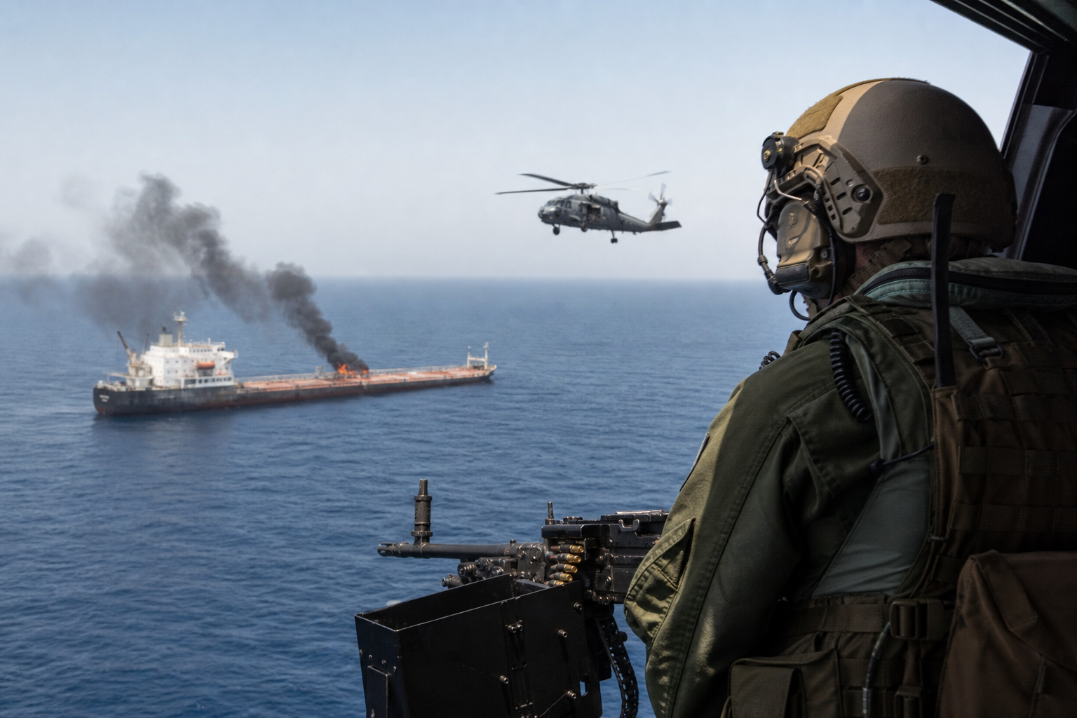 Editorial illustration for "The United States Should Strike Iran to Protect Commercial Shipping"